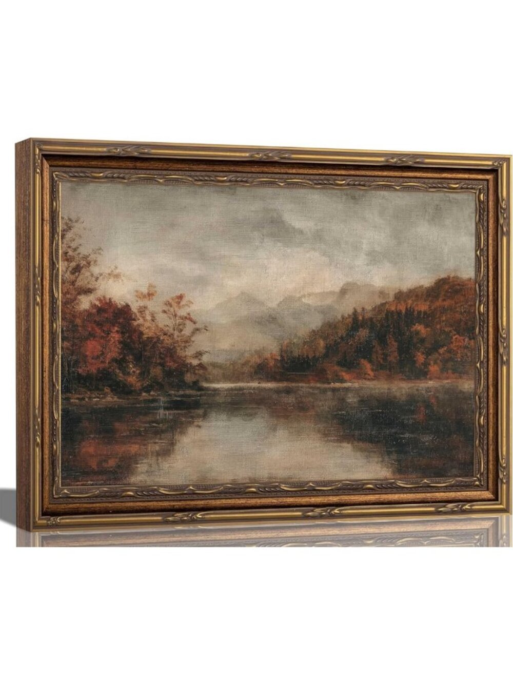 Vintage Gold Framed Autumn Mountain Lake Canvas Art Print 12x16" Decor